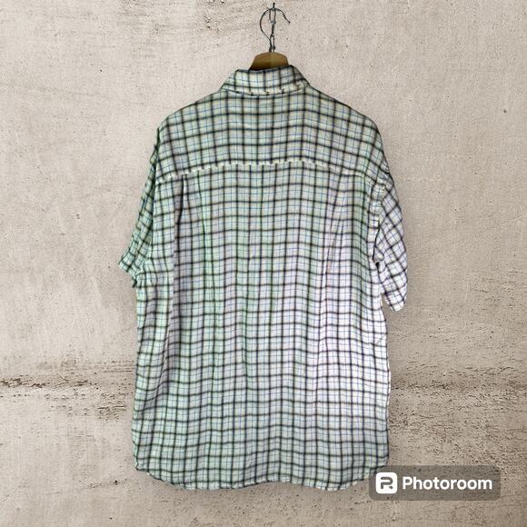 Orvis Men's Large 100% Linen White Blue Yellow Plaid S/S Button Up Shirt Summer - Picture 2 of 7